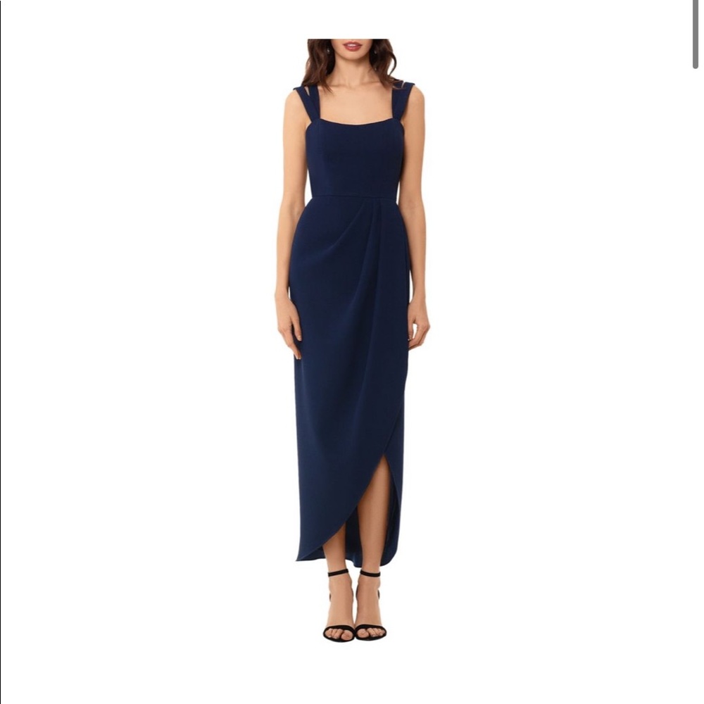 XSCAPE navy double strap tulip hem midi dress NWT